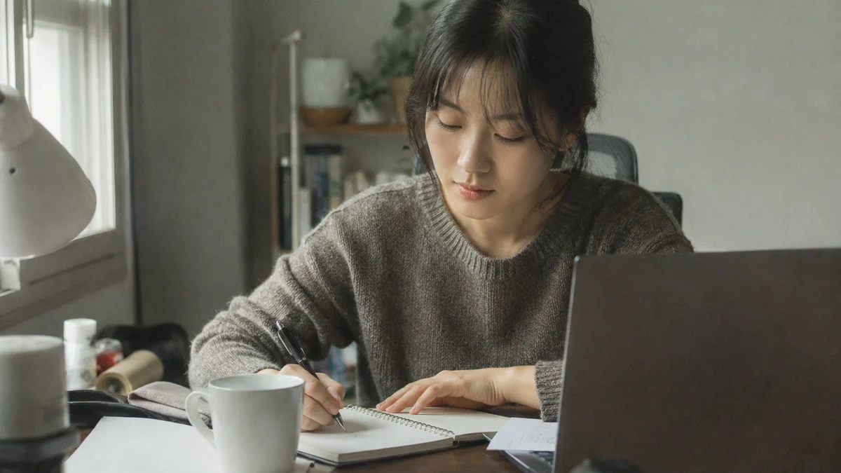 자연광이 드는 홈오피스에서 프로덕트 엔지니어가 노트북의 Slack 화면과 노트를 번갈아 살피며 자동화 흐름을 점검하는 담담한 장면