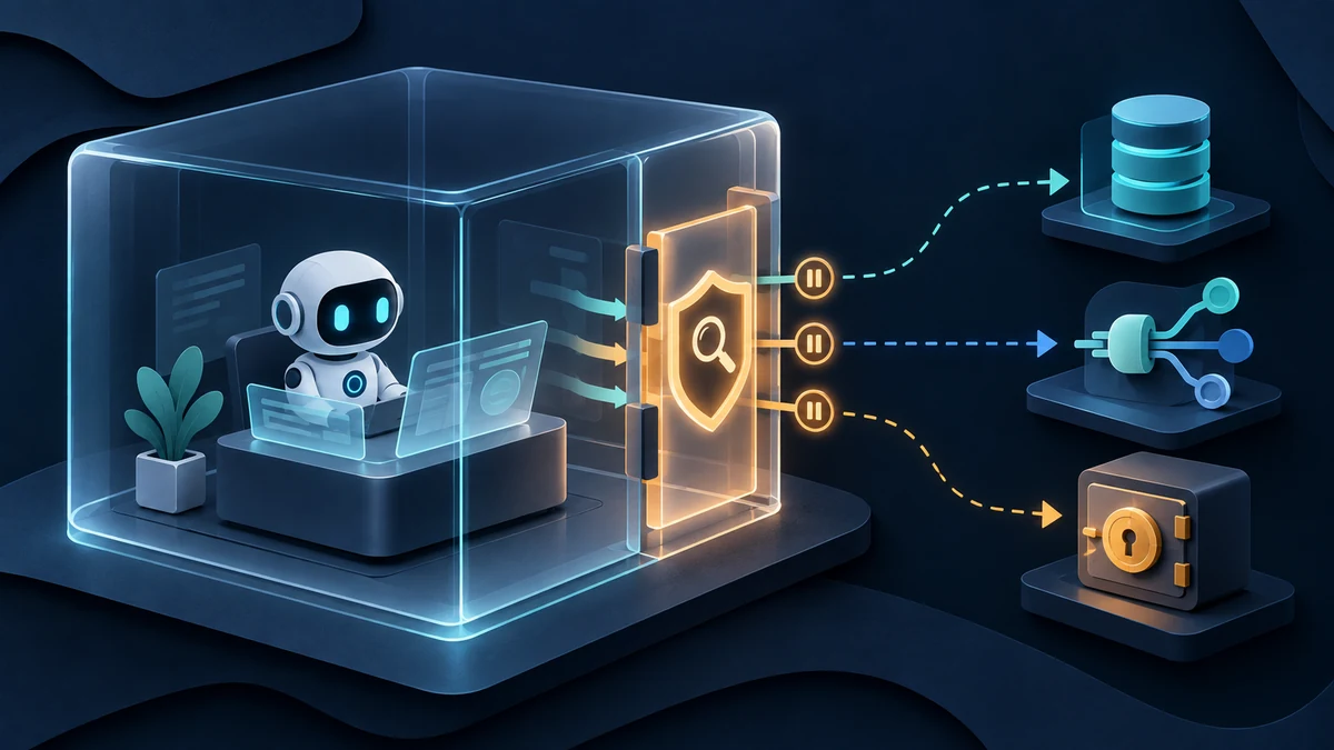 투명한 샌드박스 안의 AI 에이전트 작업대와 바깥의 데이터베이스, API, 자격증명 금고가 분리되고 감독 게이트가 나가는 화살표를 검사하는 개념 이미지