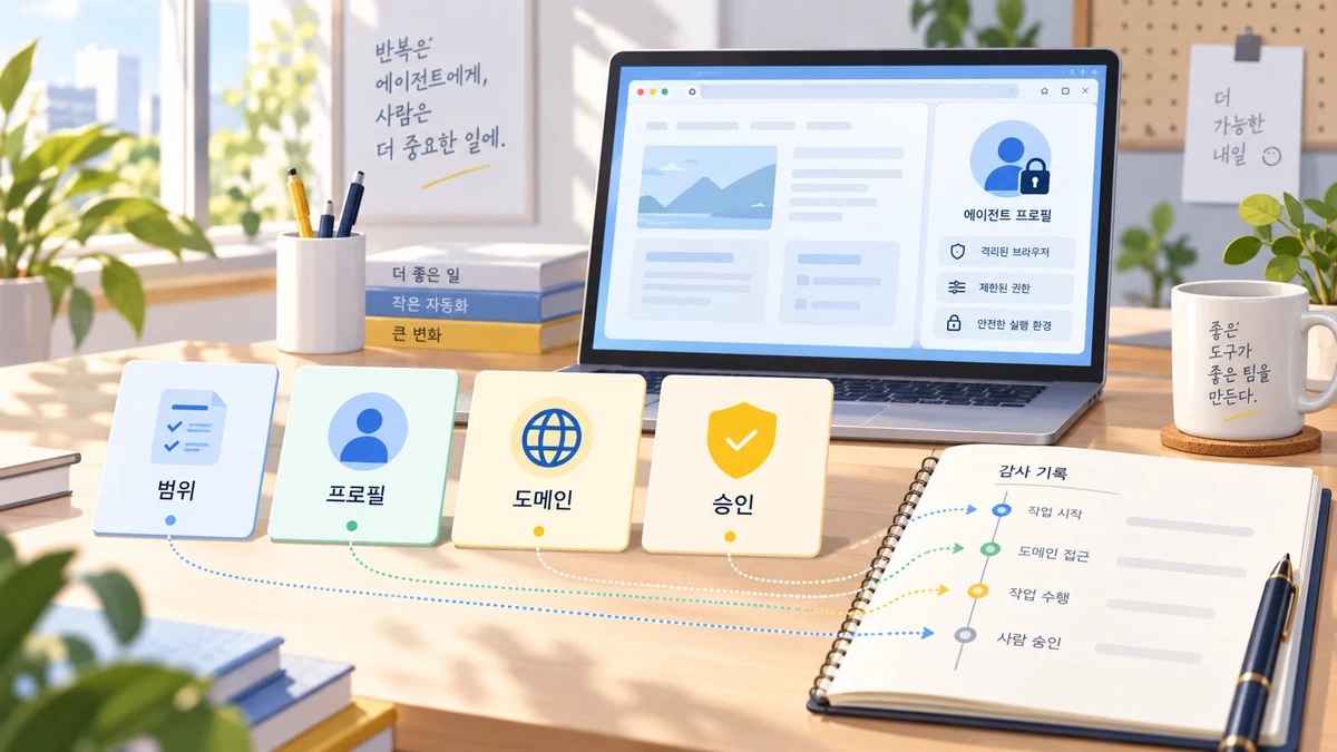 작은 팀의 책상 위에 작업 범위, 브라우저 프로필, 허용 도메인, 사람 승인 카드가 놓이고 배경에 잠긴 전용 브라우저 프로필이 보이는 이미지