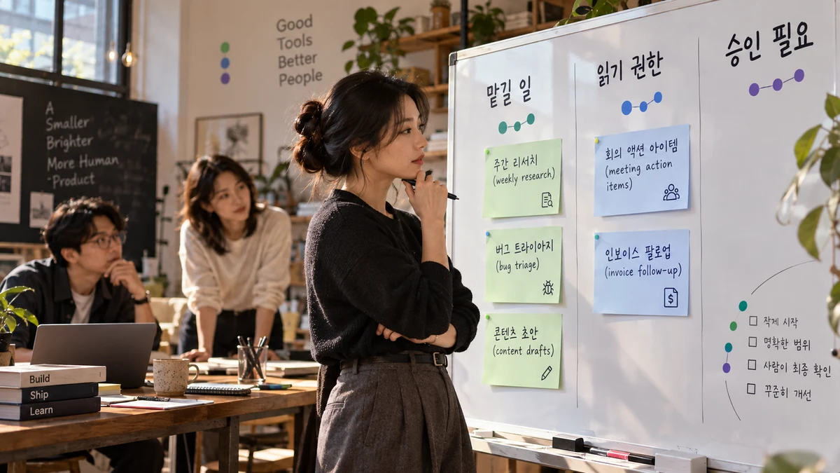 작은 팀 담당자가 화이트보드에 맡길 일, 읽기 권한, 승인 필요 세 칸으로 ChatGPT dots 도입 체크리스트를 정리하는 장면