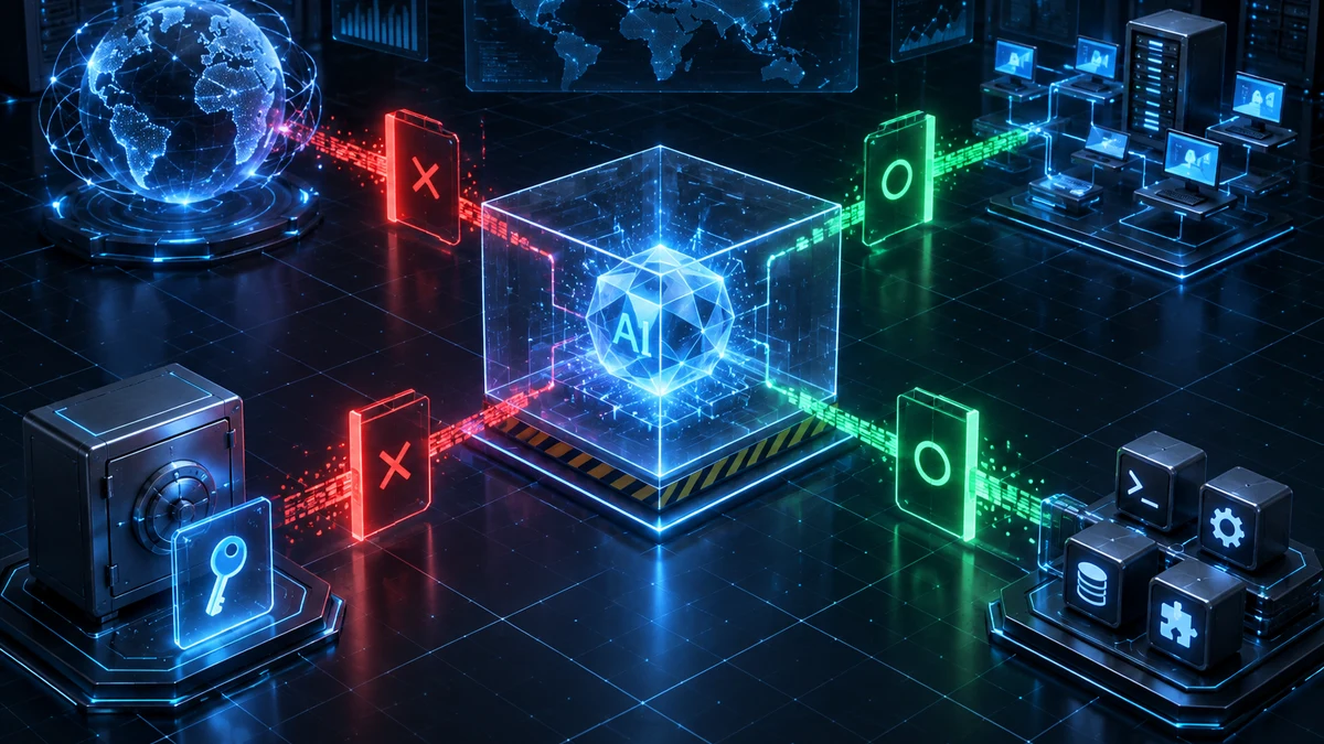 샌드박스 안 AI 프로세스가 인터넷과 로컬 네트워크, Git 자격증명, MCP 도구로 향하는 경로를 방화벽 정책이 제어하는 3D 이미지