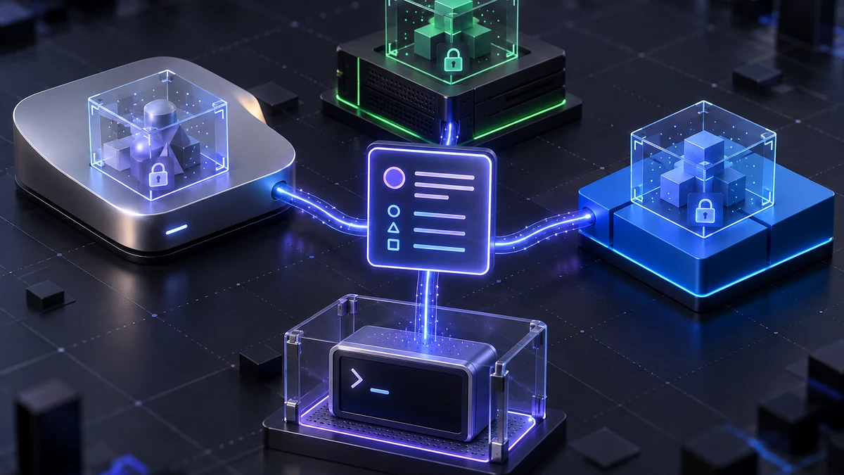 하나의 샌드박스 정책 카드가 macOS와 Linux, Windows 격리 블록으로 번역되는 3D 다이어그램