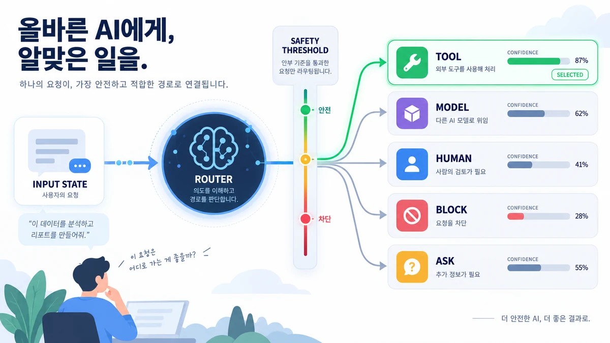 입력 상태가 tool, model, human, block, ask 선택지와 신뢰도 게이트를 통과하는 에이전트 라우팅 인포그래픽