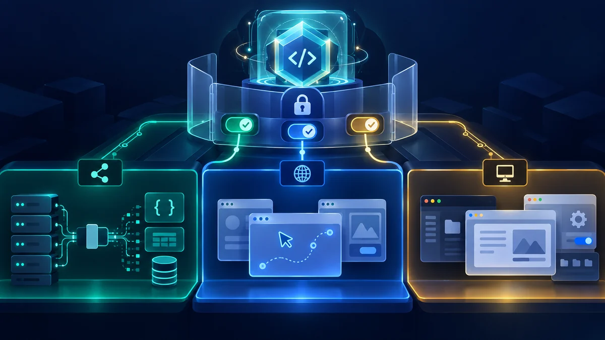AI 코딩 도우미가 권한 게이트 뒤에서 API, MCP, 브라우저 자동화, 데스크톱 GUI 작업 경로를 나눠 선택하는 추상 에디토리얼 이미지