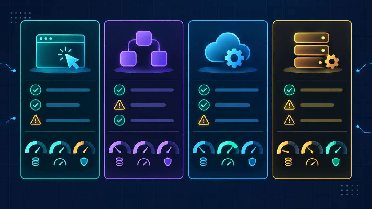API, MCP 도구, 브라우저 에이전트, 데스크톱 computer use 네 경로를 비용, 지연시간, 권한, 실패 위험 관점으로 비교한 추상 매트릭스