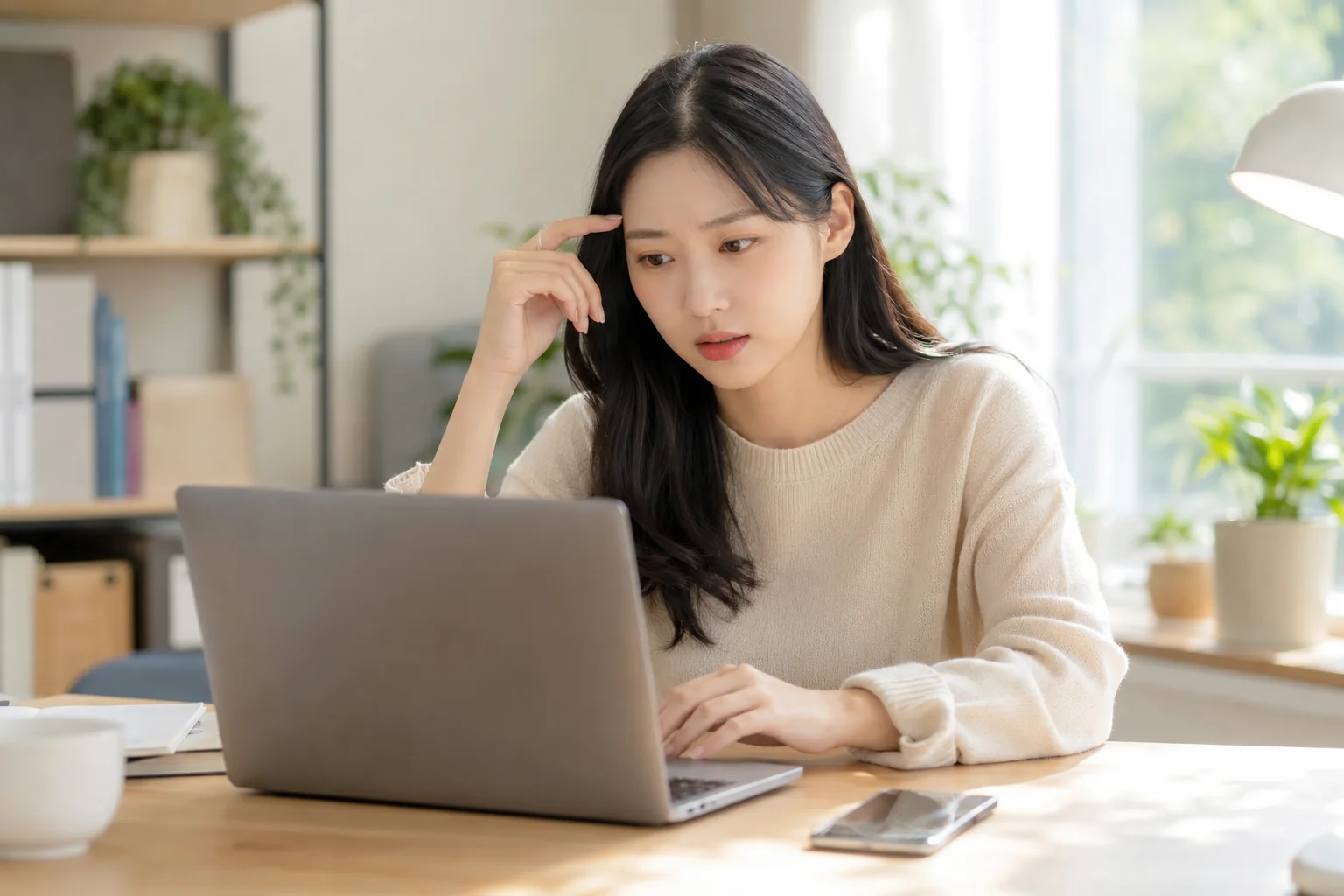 창가 자연광 아래 개발자가 노트북에 아무 목록도 안 뜬 것을 발견하고 골똘히 살펴보는 장면 (대표 히어로, ChatGPT)