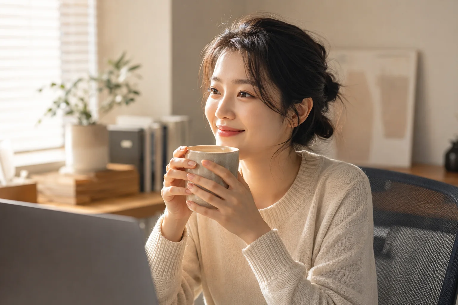 문제를 해결한 뒤 개발자가 따뜻한 커피잔을 들고 안도하며 미소 짓는 장면 (ChatGPT)