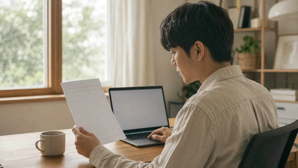 창가 자연광이 드는 홈오피스에서 개발자가 표가 그려진 종이 문서와 노트북 화면을 번갈아 살펴보며 골똘히 생각하는 장면