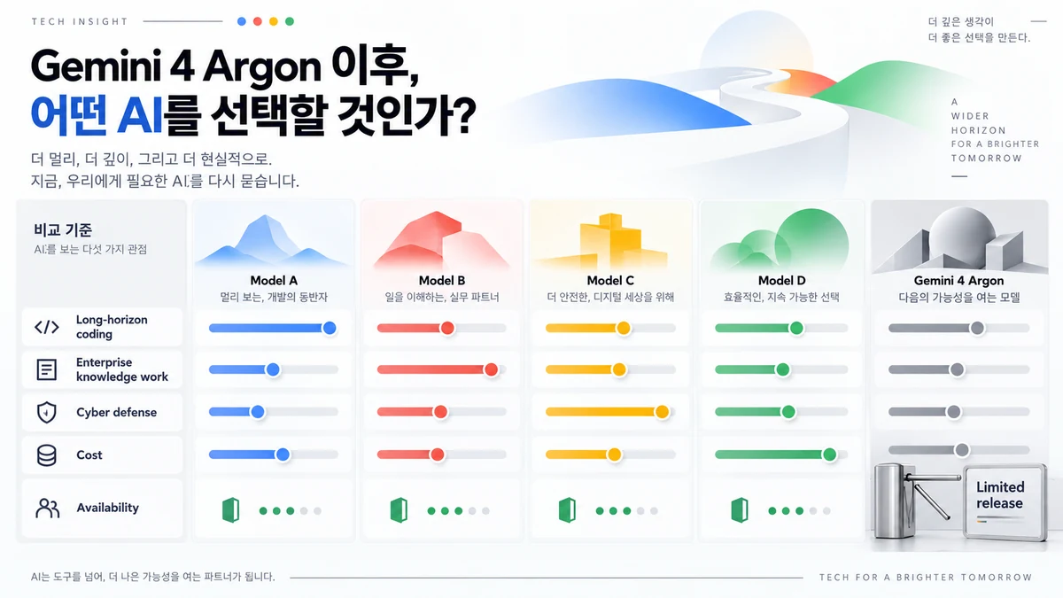 긴 코딩 작업, 기업 지식 업무, 사이버 방어, 비용, 공개 범위를 비교하는 추상 모델 카드 인포그래픽