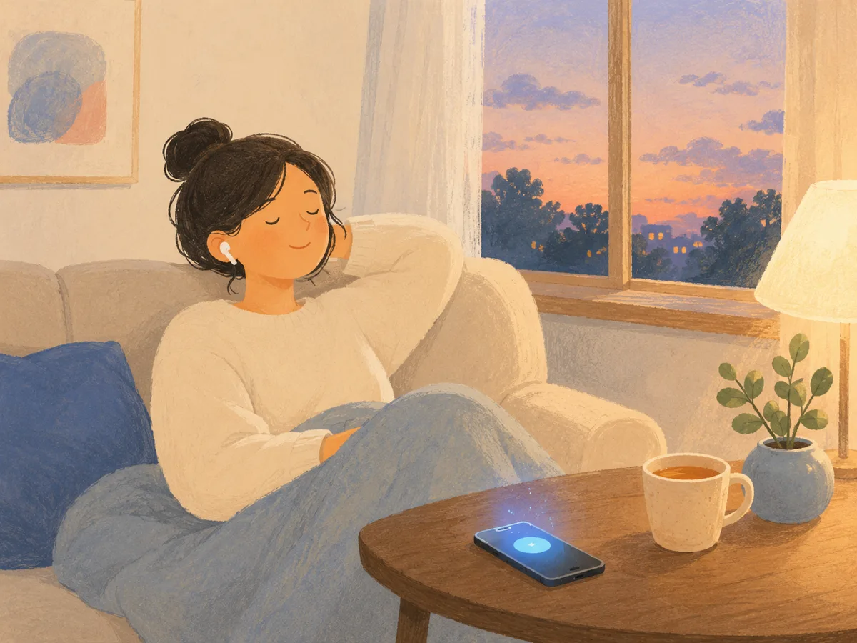 집 소파에서 스마트폰으로 GPT 라이브 음성모드와 편하게 대화하는 일상 사용 장면 일러스트