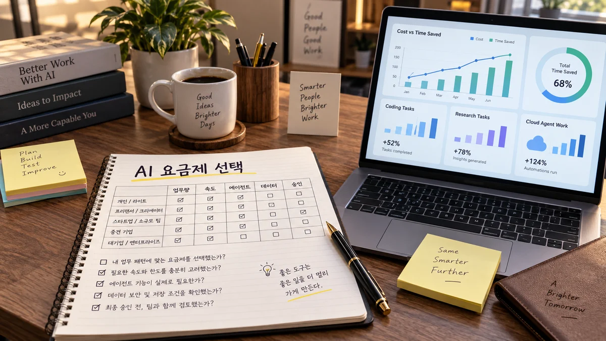 AI 요금제 선택이라는 제목의 체크리스트와 업무량, 속도, 에이전트, 데이터, 승인 항목이 적힌 노트와 노트북 차트