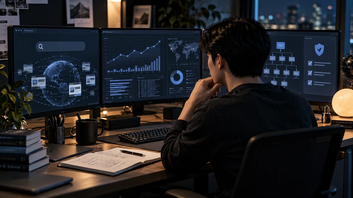 Search Console 지표, 서버 로그, 보안 체크리스트가 한 화면에 놓여 있고 운영자가 배포 전 위험을 점검하는 장면