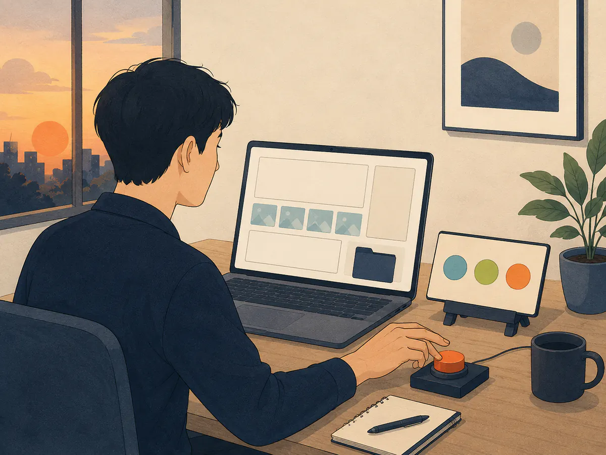 완성된 글과 이미지 패키지를 검토한 소유자가 발행 직전 승인 버튼에 손을 올린 장면
