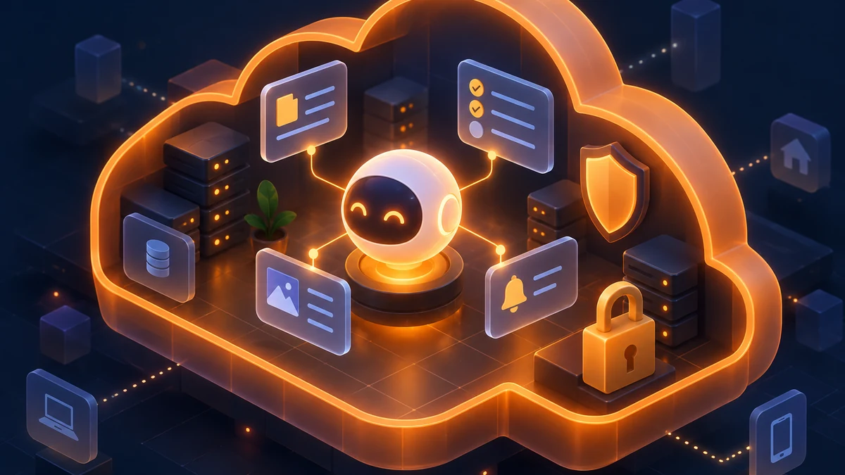 개인 Cloudflare 계정 안에 배치된 AI 에이전트가 기억, 작업, 노트, 리마인더 카드와 연결된 3D 개념 이미지