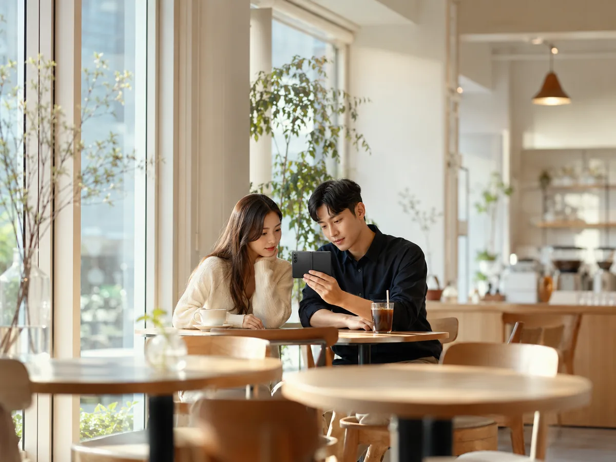 밝은 카페 창가 자리에서 두 사람이 접은 제네릭 폴더블 하나를 함께 들여다보는 라이프스타일 사진. 멀찍이 떨어진 자리에서 담아 카페 전경이 넓게 보이고, 카메라를 향한 면은 카메라 범프만 있는 무광 검은색 뒷면이라 화면은 두 사람 쪽을 향해 있다. 브랜드 로고나 글자, 실제 제품 표시는 없다.