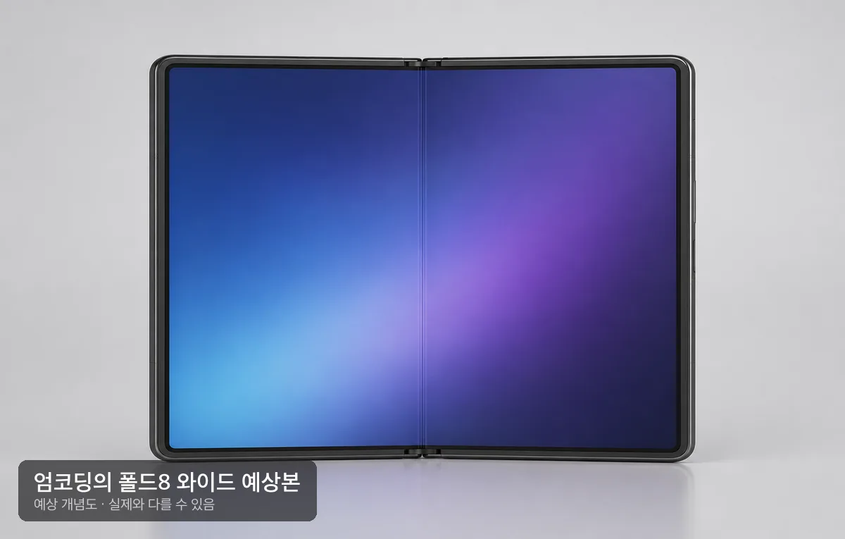무브랜드 제네릭 폴더블을 펼친 예상 개념 렌더. 세로로 반 접으면 위 커버가 되는 4:3 비율의 안쪽 화면과 중앙 접힘 자국, 힌지가 보이며 '엄코딩의 폴드8 와이드 예상본' 라벨이 있다. 화면에는 추상 그라데이션만 있고 로고나 글자는 없다.
