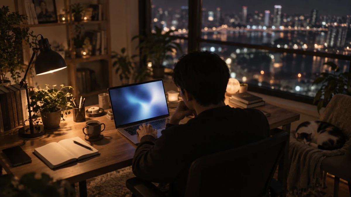 밤의 1인 개발자 작업실에서 노트북 화면 불빛만 은은하게 번지고 창밖 도시 불빛이 Cloudflare 엣지 네트워크처럼 흐려 보이는 차분한 장면