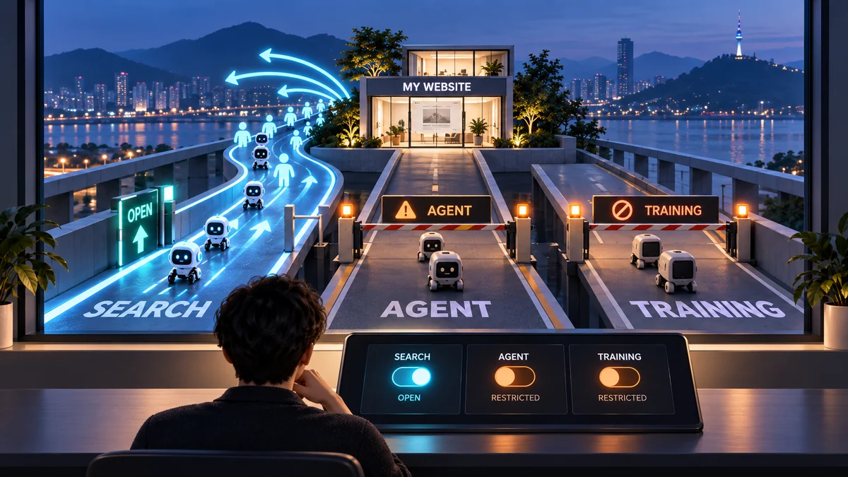 작은 웹사이트 앞에 Search, Agent, Training 세 갈래 AI 트래픽 차선이 놓이고 운영자가 정책 게이트를 조정하는 편집 그래픽