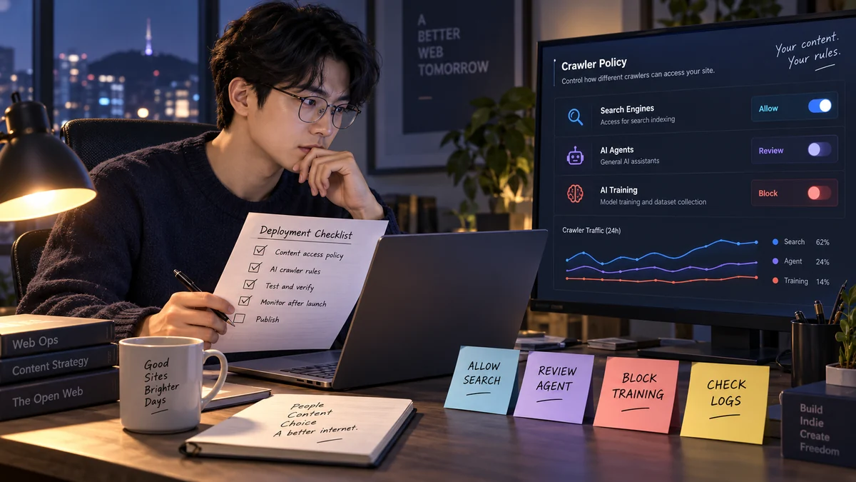 운영자가 노트북 앞에서 Allow Search, Review Agent, Block Training, Check Logs 메모를 보며 배포 전 정책을 점검하는 장면