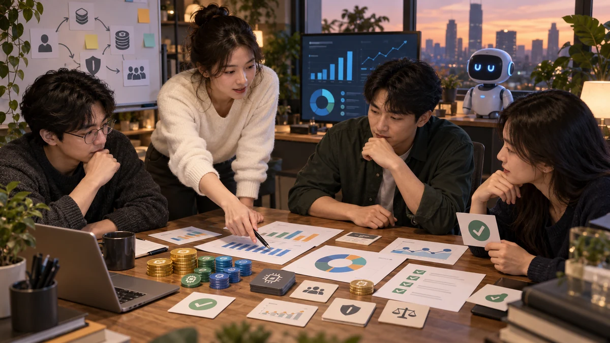 작은 개발팀이 추상 차트와 승인 체크리스트를 놓고 AI 코딩 도구 사용 비용을 회고하며 다음 주 규칙을 정하는 장면