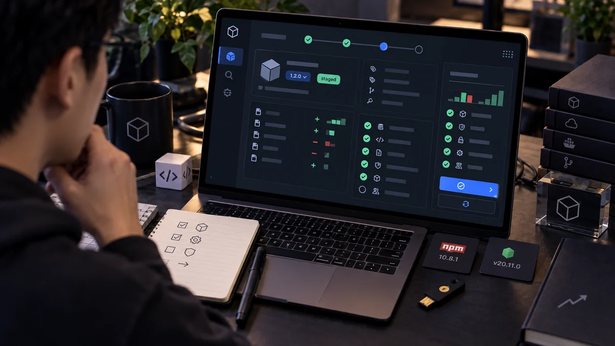 유지보수자가 npm CLI 버전, Node 버전, 2FA 설정, staged package 검토 항목을 확인하는 실무 체크리스트 장면