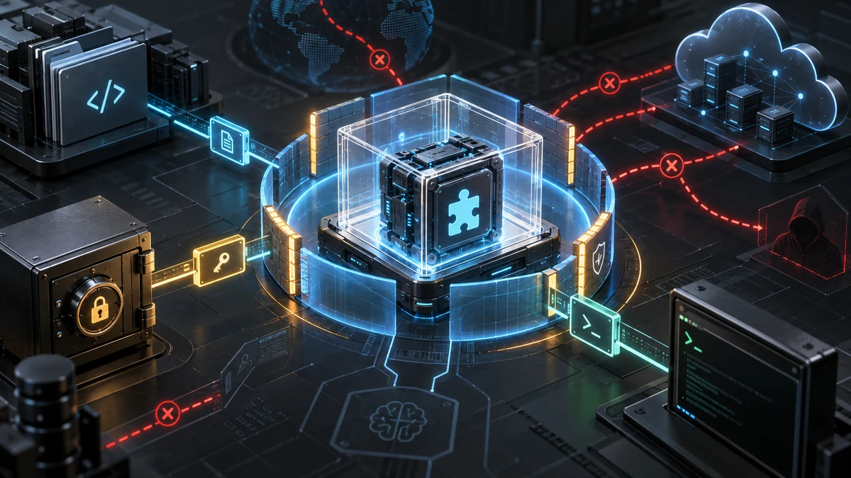 에이전트 플러그인이 source code, credentials, network 접근권한과 방화벽으로 분리된 보안 샌드박스 장면
